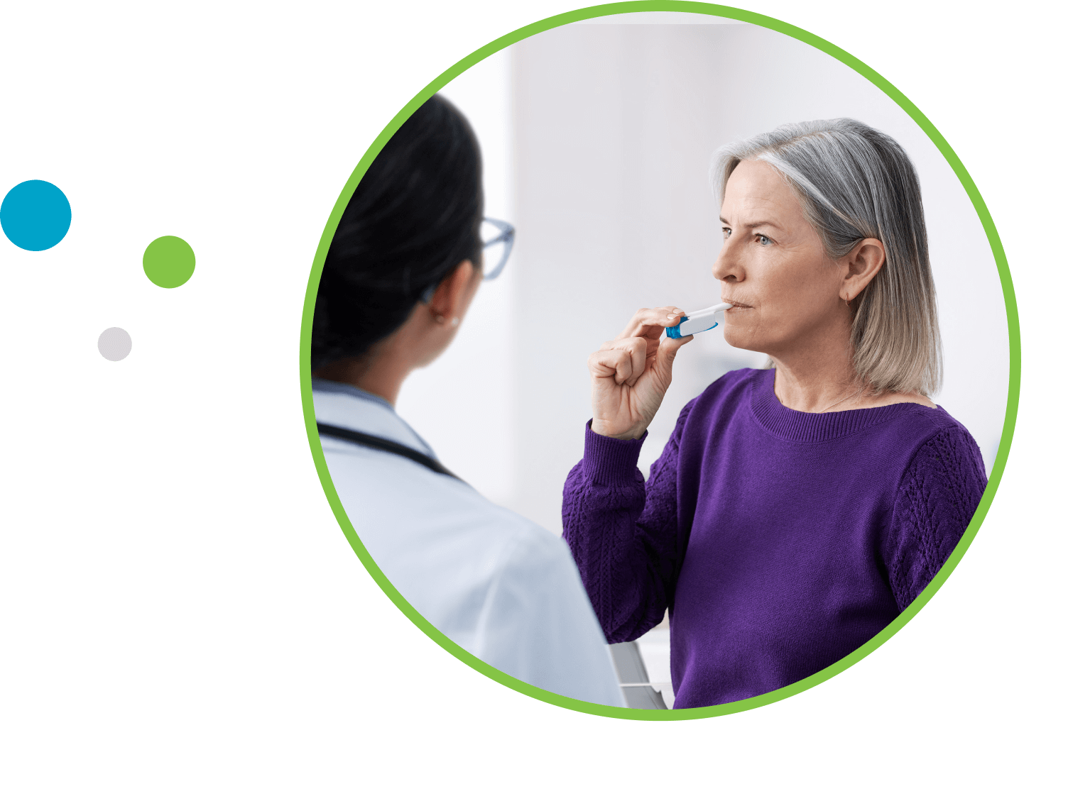 Woman using TYVASO DPI in doctors office